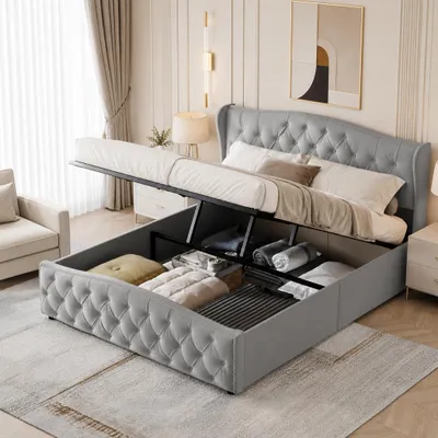 Immagine prodotto di Letto imbottito INONEFT 160x200 cm, letto con molle insacchettate, struttura del letto con spazio contenitore, letto con sistema di sollevamento idraulico, letto per ragazzi, letto matrimoniale con rete a molle, colore grigio