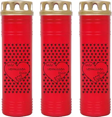 Produktbild von Grabkerze Rot 3er Pack, Brenndauer: 170 Stunden ( je Kerze ), Motiv: Herz Pfote