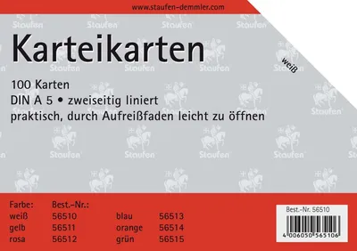 Produktbild von Karteikarten A5 liniert 180g/qm weiß VE=10x100 Stück