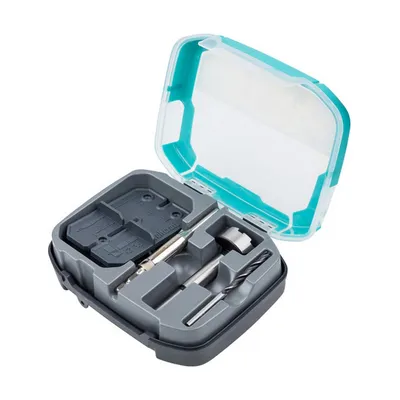 A tool kit with drill bits and other accessories inside a plastic case with a transparent lid.
