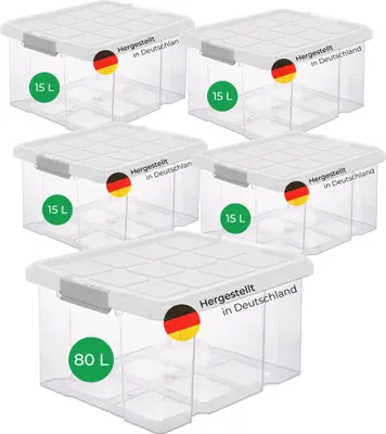 Produktbild von Novaliv 5 tlg Sparset Aufbewahrungsboxen mit Deckel Transparent 1x80 L + 4x 15L Nestbar stapelbar Clipverschluss Rollboxen BPA-frei