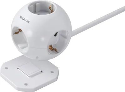A white power strip cube with multiple outlets and a power cord, resting on a white base.