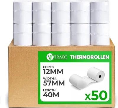 Produktbild von V1 Trade Thermorollen 57mm x 40m x 12mm (50 Stück) – Thermopapier Kassenrollen für Registrierkassen und Bondrucker, 42 g/m²