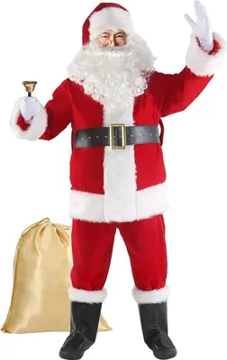 Image de Costume de Père Noël pour hommes 11 pièces Costume de Père Noël Deluxe avec bonnet, barbe, ceinture & gants Costume de Père Noël pour fête de Noël, cosplay & carnaval,L