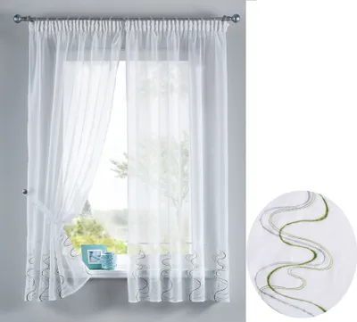 Produktbild von WELLE Stickerei Gardinen Set 4 Tlg. Raffhalter Tunneldurchzug Gardinenband für Gardinenschienen Grün HxB 150x90 cm, 112231