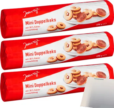 Produktbild von Jeden Tag Mini Doppelkeks mit Kakaocremefüllung 3er Pack (3x176g Packung) + usy Block