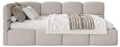 Produktbild von Selsey Cloudy – Jugendbett 90x200 cm, linksseitig, mit Bouclé-Bezug und Matratze, Greige