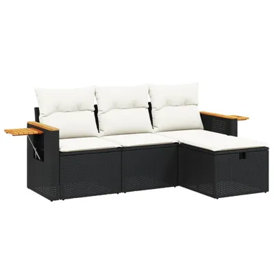 Produktbild von Modulare Garten-Sofagarnitur, 4-teilig, aus schwarzem PE-Rattan, pulverbeschichtetem Stahl, mit cremeweißen, abnehmbaren Kissen