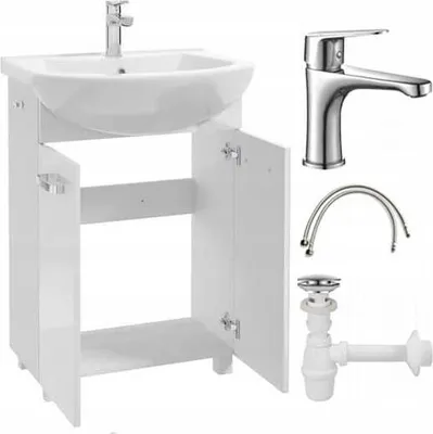 A white bathroom vanity with a sink and faucet, along with plumbing accessories, displayed against a white background.