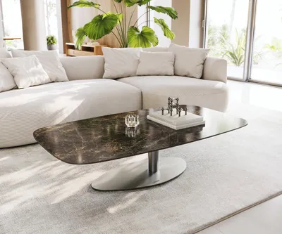 Produktbild von DELIFE Couchtisch Edge Boot 140x80 cm Keramik Emperador Extra Lucidato Dunkelbraun Vibany Edelstahl gebürstet