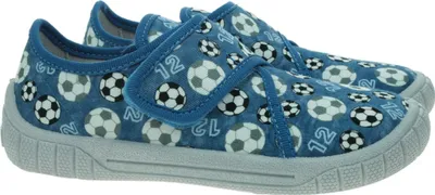 A pair of blue children's shoes with a soccer ball pattern, shown from the side.
