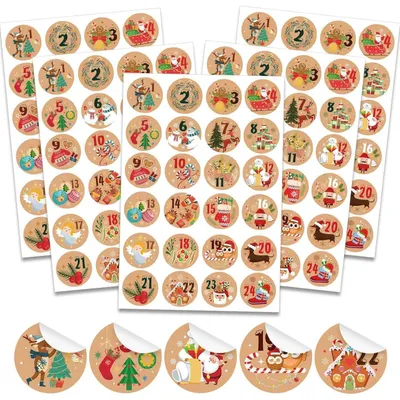 Zdjęcie produktu dla Naklejki do kalendarza adwentowego, numery 1-24, 8 arkuszy, 192 sztuki, papier kraft, dekoracje świąteczne