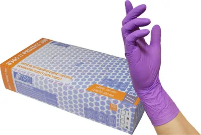 Produktbild von NITRAS PROTECT 300, Nitril-Einmalhandschuhe, lila, EN 455, EN ISO 21420, EN ISO 374, Box à 100 Stück Gr.: XL