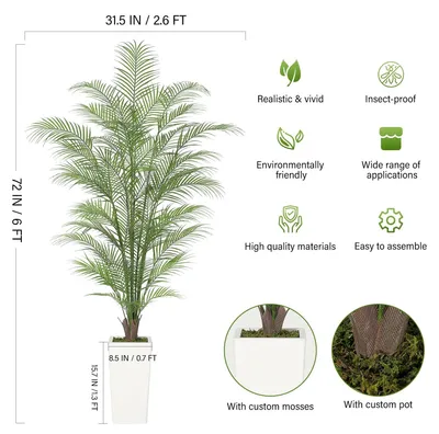 Image de Plante artificielle Areca, en pot - Plante d'intérieur haute - Décoration tropicale - Plastique - Pot blanc haut - Pour salon ou bureau - Vert, 180 cm