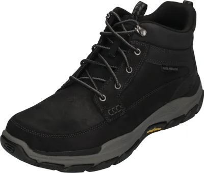 A black leather boot with gray accents and a gray sole is shown against a white background.