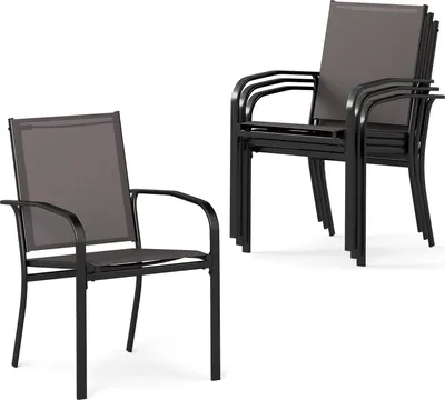 Two groups of stacking chairs are shown against a white background. One chair is fully visible in the foreground, and a stack of four chairs is visible in the background.