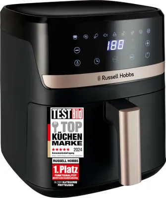 A black Russell Hobbs air fryer with gold accents, featuring a digital display and a promotional sticker.