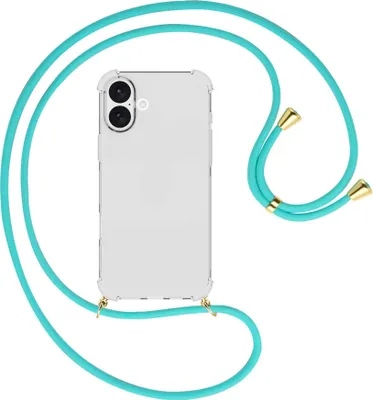 Produktbild von Handykette Backcover-Schutzhülle mit Band (Metall goldfarben) für iPhone 16 Plus - türkis