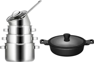 Produktbild von Sola Topfset Pearl 4-teilig – Edelstahl – downdraft-geeignet + Sola Schmorpfanne Fair Ø 28 cm – geeignet für alle Herdarten