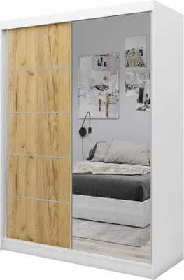 Produktbild von AGMAT Schwebetürenschrank Kira, Kleiderschrank mit 2 Türen und Spiegel, Moderne Garderobe in Farbe: Weiß / Artisan, Schrank in Größe: 160 x 216 x 61 cm