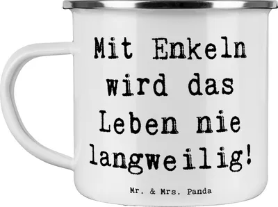 Produktbild von Mr. & Mrs. Panda becher emaille Spruch Enkelkinder Abenteuer - Weiß - Geschenk, Teetasse, Familienmitglieder, Unterhaltung, Tasse, Outdoor, Familie, familiäre Bindung