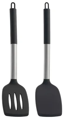Produktbild von 2-teiliges Set Kochspatel aus Silikon BPA-frei und antihaftbeschichtet hitzebeständig für beschichtete Pfannen schwarz 35 cm
