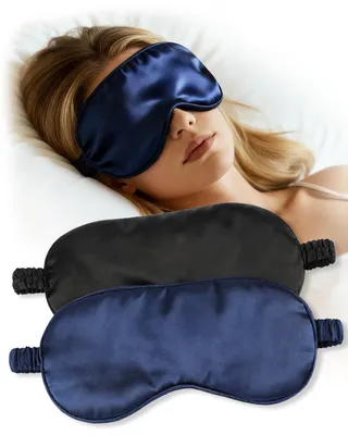 Produktbild von Set mit 2 Schlafmasken für Damen und Herren, Seiden-Augenmaske, lichtundurchlässige Schlafmaske mit verstellbarem Riemen, bequeme, weiche Augenmaske für Reisen und Nickerchen (schwarz)