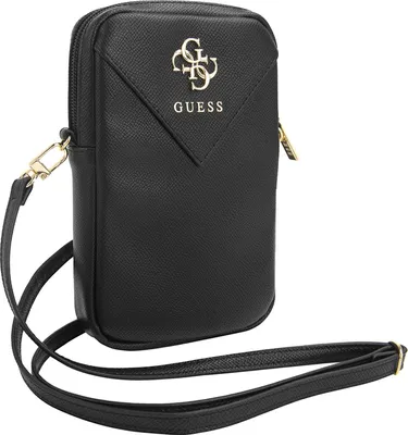 A black Guess wallet phone bag with a gold logo and text.