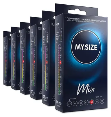 Zdjęcie produktu dla Zestaw prezerwatyw MY.SIZE Mix Premium, rozmiar 5, 60 mm – 60 sztuk | 4 warianty: Classic, teksturkowane, niebieskie i czerwone | Opakowanie ekonomiczne