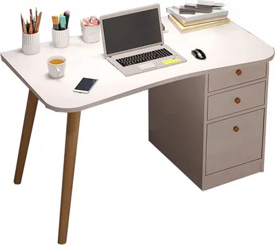 A white corner desk with wooden legs and gray drawers, set up with a laptop, mouse, phone, and desk accessories.