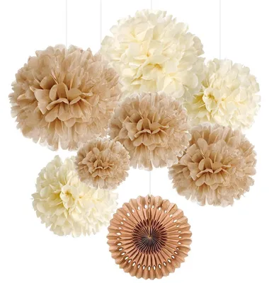 Zdjęcie produktu dla Zestaw 7 ozdobnych pomponów i lampionów w kolorze brązowym i waniliowym, o wymiarach 15-25 cm