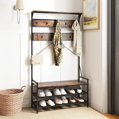 Imagen del producto de Perchero de 184 cm con espacio para zapatos, estante para zapatos con perchero, perchero con banco, incluye 11 ganchos, ideal para pasillos, salones, dormitorios, estructura de metal (color marrón)