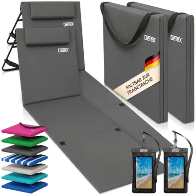 Produktbild von DETEX® 2x Strandmatte mit Rückenlehne Gepolstert Anthrazit Sonnenliege klappbar UV-beständig Tasche Reißverschluss Kissen Tragegurt Garten Camping Picknick Liegematte 158x56cm