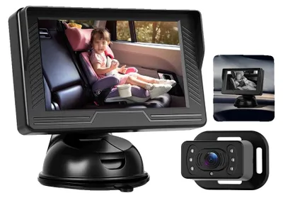 Image de Moniteur pour bébé avec rétroviseur de voiture, écran IPS 4,3 pouces, caméra avec une résolution HD 480p, vision nocturne, objectif grand angle, adapté aux SUV et aux voitures