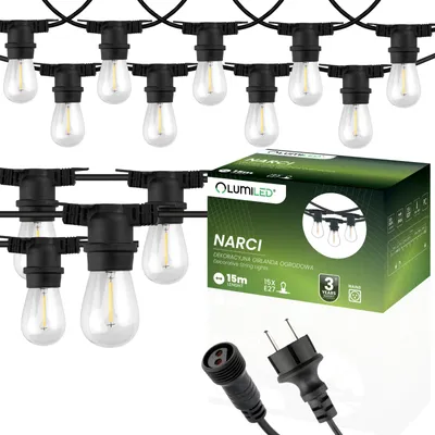 Produktbild von LUMILED Lichterkette Außen 15 Meter mit 15 E27 LED 1W Glühbirne Warmweiß 2700K 230V Birnen für Garten Biergarten Party Hochzeit Dekoration Terrasse verlängerbar mit Strom