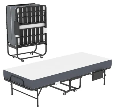 Zdjęcie produktu dla Składane łóżko dla gości 78 x 190 cm z materacem z pianki żelowej typu memory o grubości 9,5 cm, przenośne łóżko składane na kółkach, solidna metalowa rama wytrzymująca obciążenie do 136 kg, w zestawie torba do przechowywania
