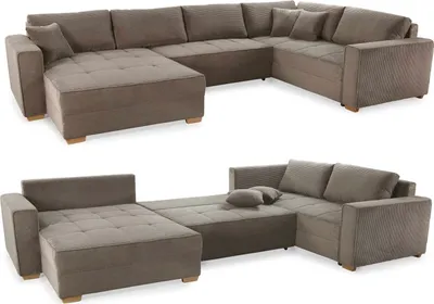 Produktbild von Wohnlandschaft U-Form Sofa Schlaffunktion Couch Bettkasten in Cord Braun Taupe / 15197