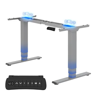 A product shot of an adjustable desk frame and its control panel.