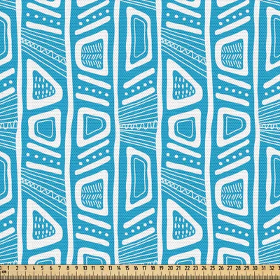 Produktbild von ABAKUHAUS Ethnisch Gewebe als Meterware, Hand gezeichnete Komposition mit vertikalen Linien Punkte und abstrakte geometrische Formen, 10 M (148 x 1000 cm), Blau und weiß