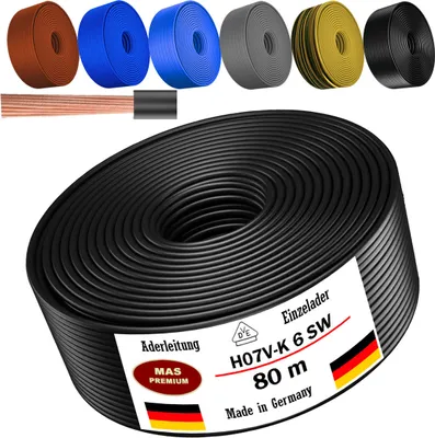 Immagine prodotto di Cavo di alimentazione da 80 metri, tipo H07 V-K SW, sezione 1x6 mm², colore nero, monofilo, flessibile
