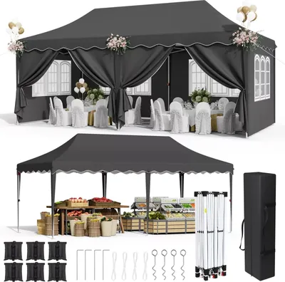 Obrázok produktu pre Párty stan 3x6 m – skladací pavilón typu pop-up – oceľová konštrukcia – vodotesný – UV 50+ – 6 bočných stien – nastaviteľná výška – čierny