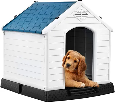 Produktbild von GOPLUS Hundehütte aus Kunststoff, Zwinger für Drinnen und Draußen, Hunde-Haus mit Belüftungsystem und Befestigungsvorrichtung, Stabil und Kratzfest, mit Erhöhtem Boden