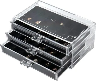 Produktbild von Unyqoos® Acryl-Schmuckkästchen mit 3 Schubladen, schwarz – Schmuckbox 23,8×15×11 cm, Organizer für Ohrringe, Ringe & Ketten