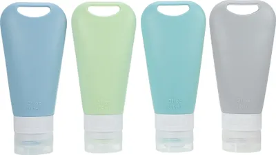 Produktbild von 4 Stück Silikon-Reiseflasche Reise Toilettenartikel Set, für Shampoo Creme Spülung Körperpflege,Reiseflaschen zum Befüllen Set, 90 ml Reiseflasche, Grau