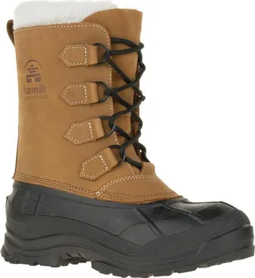 A single brown and black winter boot is shown against a white background.