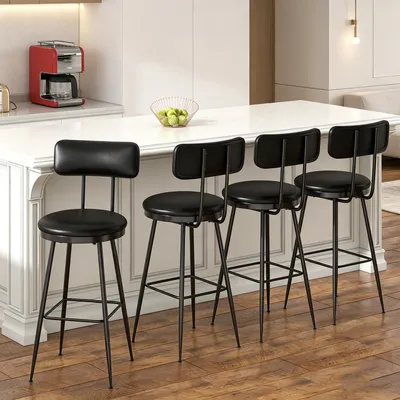 Produktbild von INONEFT Barhocker 4er-Set mit Rückenlehne, Industrie-Design Küchenstühle mit Fußstütze, PolyurethanBezug, Mid-Century-Modern-Stil, Schwarz