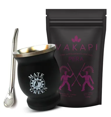 Produktbild von VAKAPI Yerba Mate Tee Set - Vakapi Pera 500g Mate-Tee mit Preiselbeerfrüchten, Holunderfrüchten - Thermobecher 230ml Schwarz, Bombilla 17,5 cm