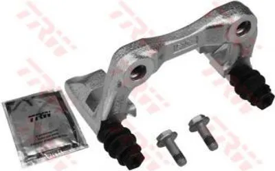 A brake caliper bracket kit with a packet of grease is displayed against a white background.