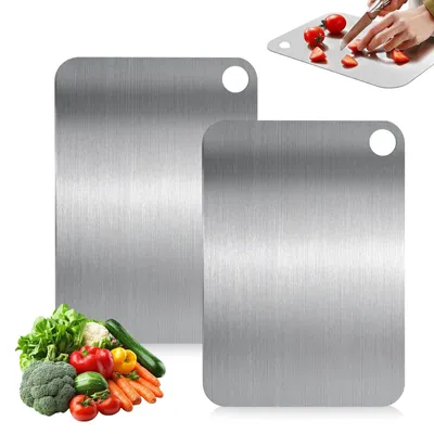 Image de Planche à découper en acier inoxydable, lot de 2, petite planche à découper 25 x 15 cm, planches à découper double face en titane, planche métallique pour légumes, fruits et viande