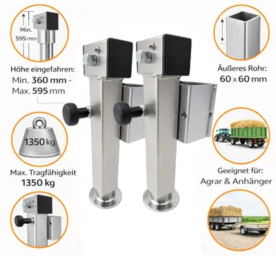 Produktbild von 2x Anhängerstütze 360–595 mm – Kurbelstütze Anhänger je 1350 kg Tragkraft – Abstellstütze SF60-D85-SW19-225+ADAP Stütze